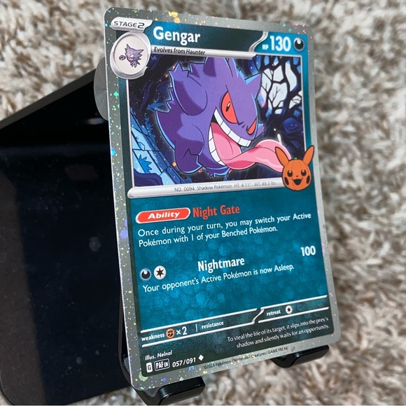 POKEMON Gengar Cosmos Holo Trick Or Trade Pikachu Stamp TCG Card - Picture 4 of 5